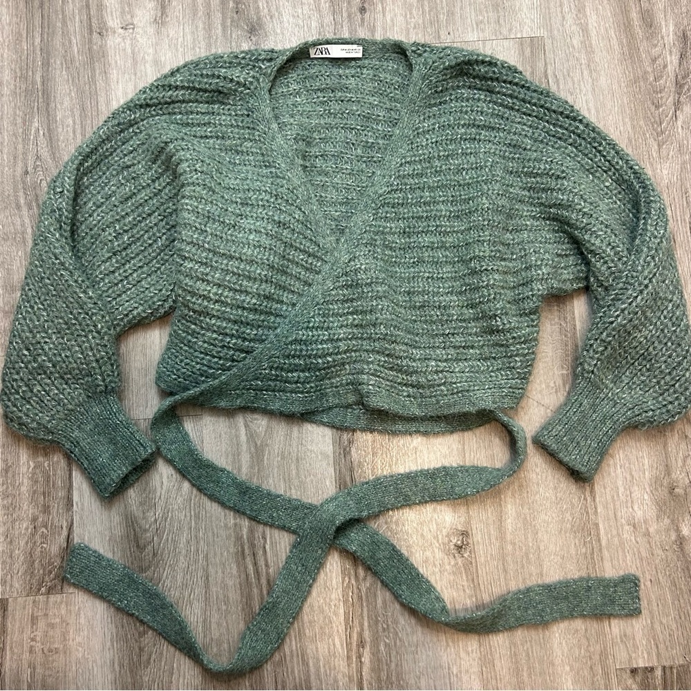 Zara Chunky Green Wrap Sweater Cropped Oversized Balloon Sleeve Cardigan Shawl - Picture 4 of 7